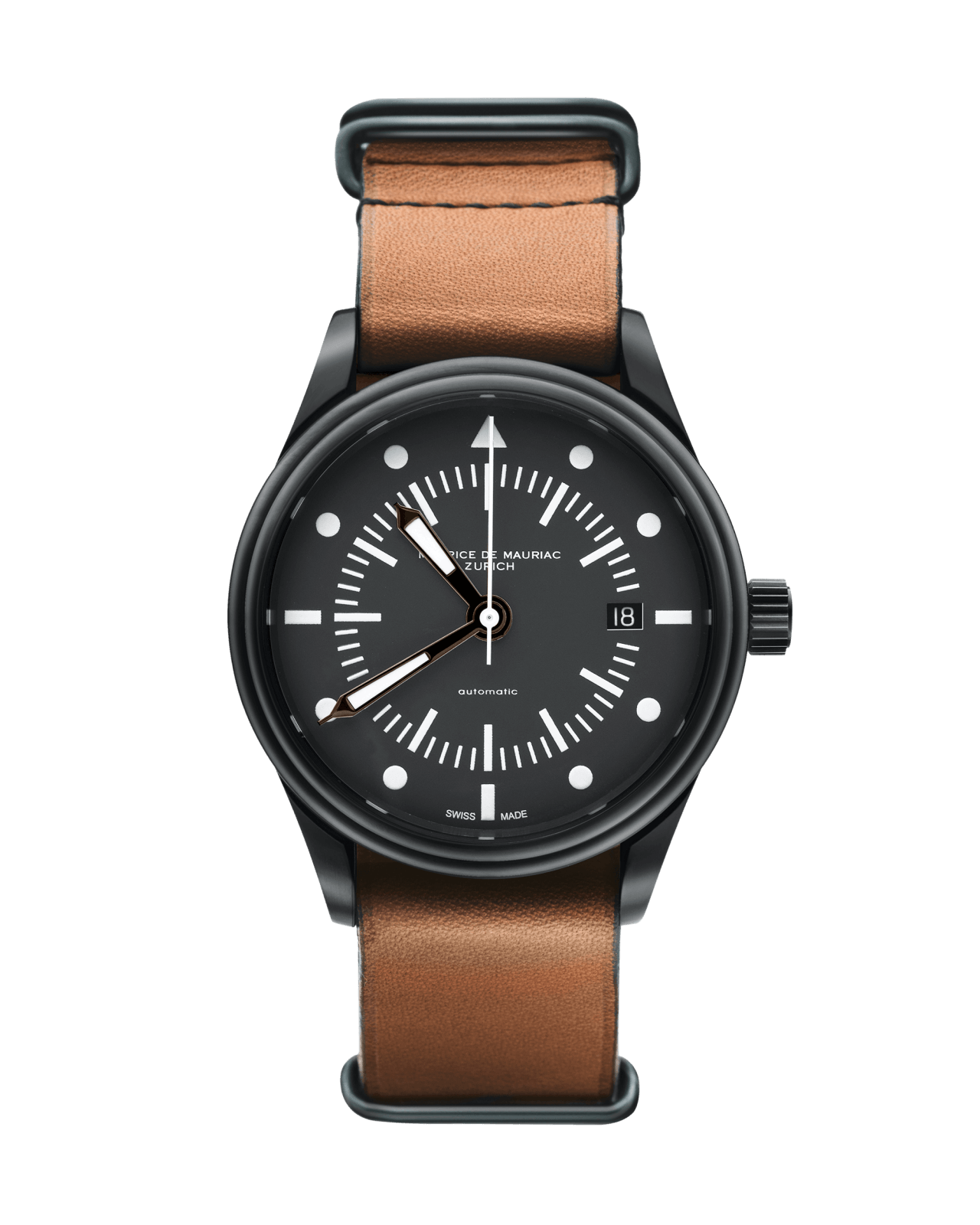 Uhr in schwarz mit braunen Uhrenband aus Leder