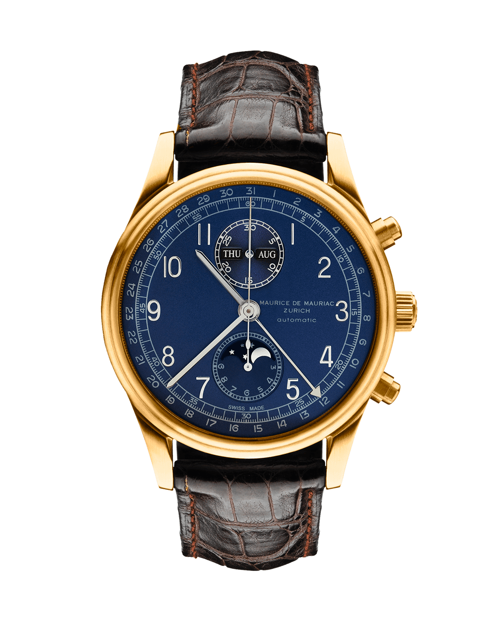 Chrono Uhr mit Goldgehäuse und Mondphasen mit Krokoarmband