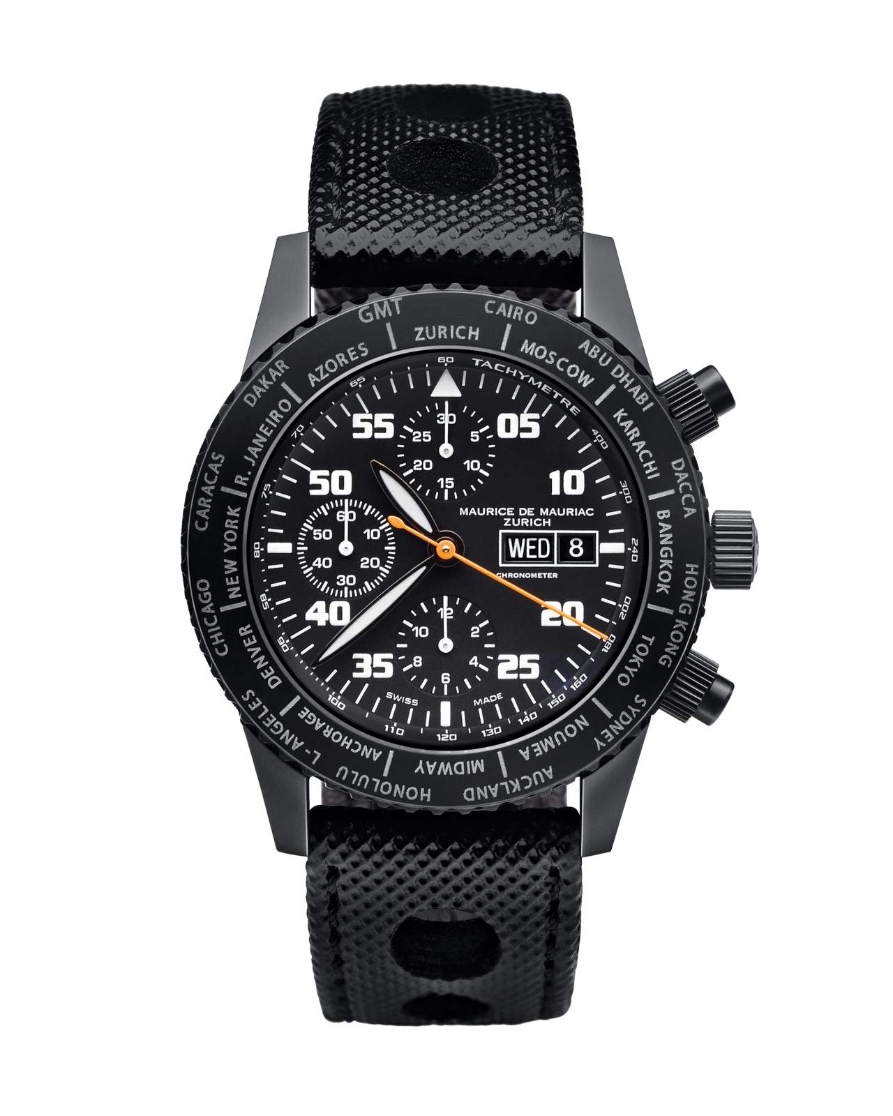 Chrono Taucher Uhr aus Titan mit PVD Beschichtung und schwarzem Uhrenband aus Leder