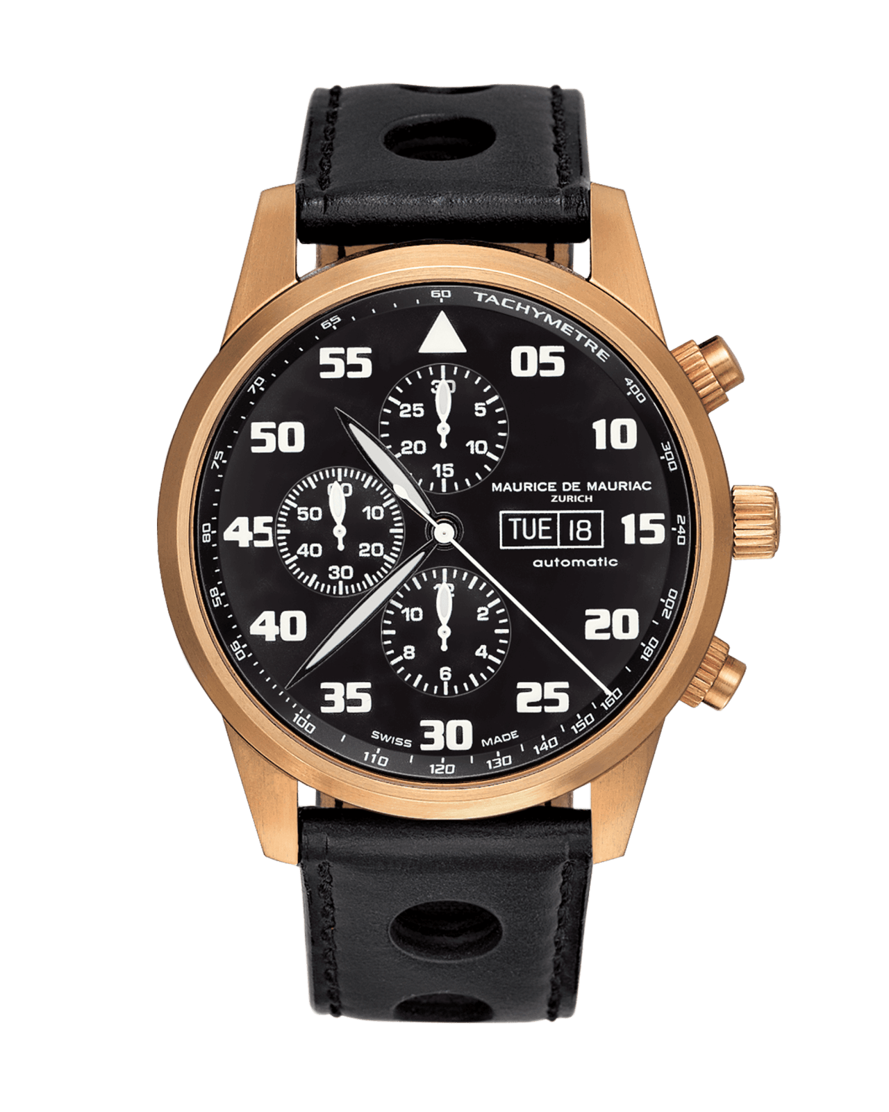 Chrono Uhr mit Gold Gehäuse und schwarzem Lederband