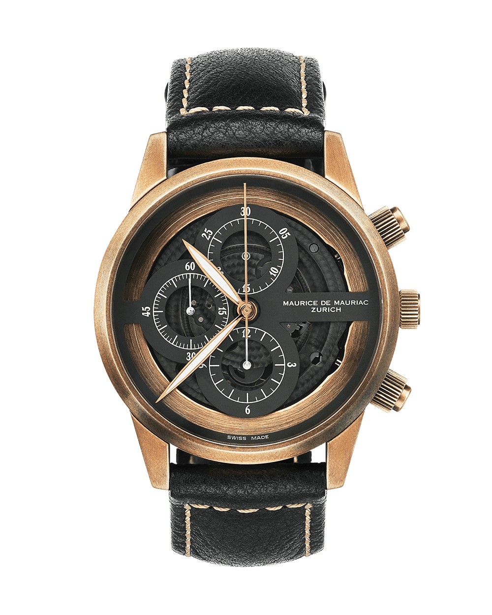 Uhr mit Gehäuse aus Bronze und schwarzem Leder Uhrenband