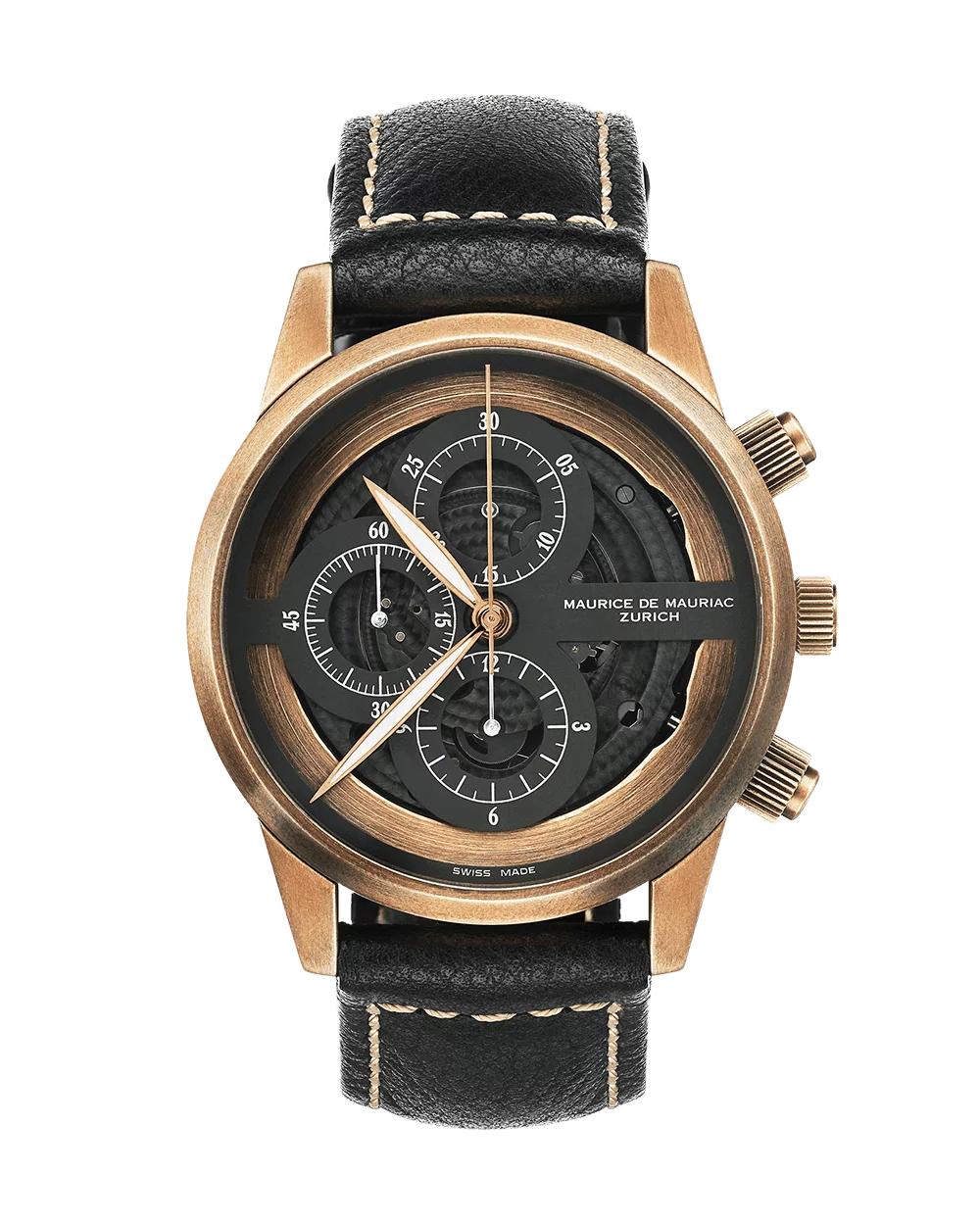 Uhr mit Gehäuse aus Bronze und schwarzem Leder Uhrenband